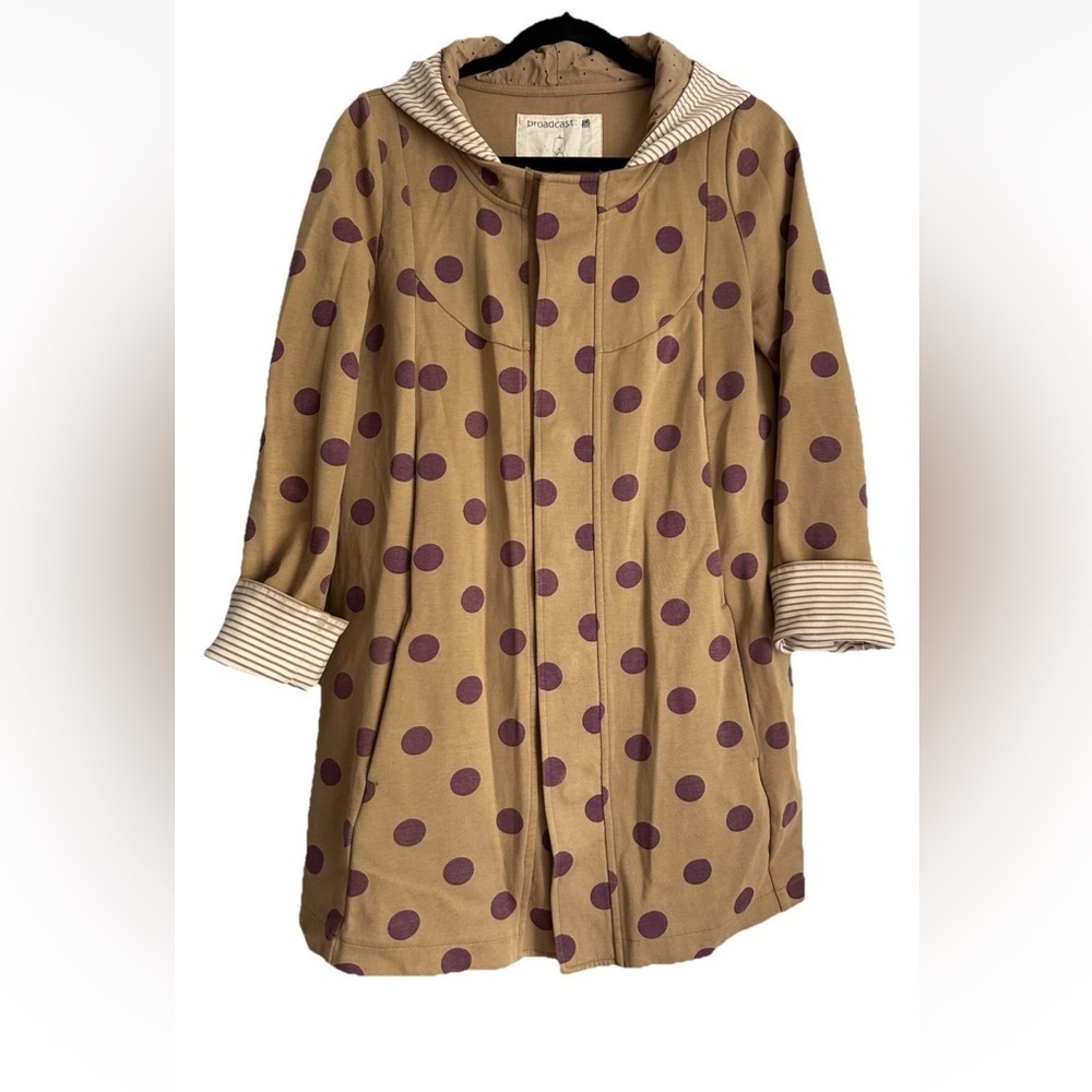 BROADCAST Womens Jersey Polkadot Swingcoat Cuffed Tan/Purple Hooded Unique Sz M